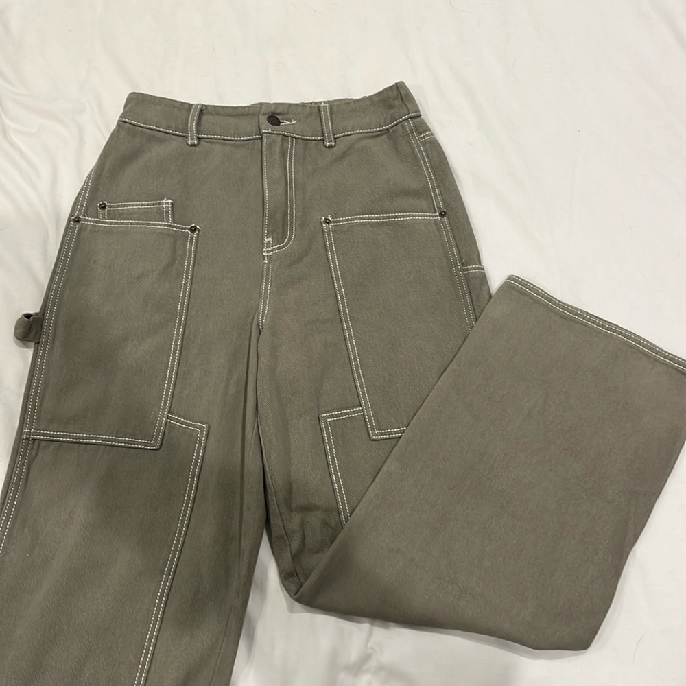 Aaron & Amber Wide Leg Denim Cargo Pants Beige